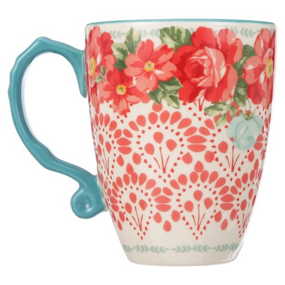 New Pioneer Woman Vintage Floral 1- 26 oz Stoneware Latte Mug, Teal Blue & Res - Picture 4 of 7